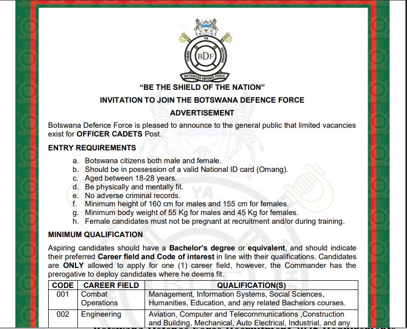 Botswana Defence Force (BDF) 2026 Recruitment