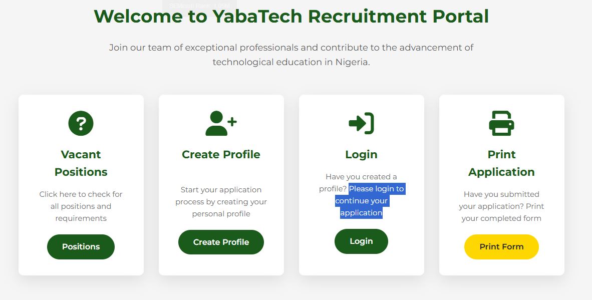 YabaTech Recruitment Portal Application Form 2026- portal.yabatech.edu.ng